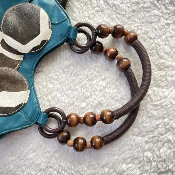 Turquoise Giraffe Print Circle Wood Beads Handle Handbag - Picture 2 of 10